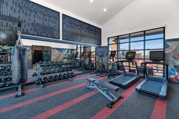 A gym with a variety of equipment including treadmills, weights, and exercise bikes.